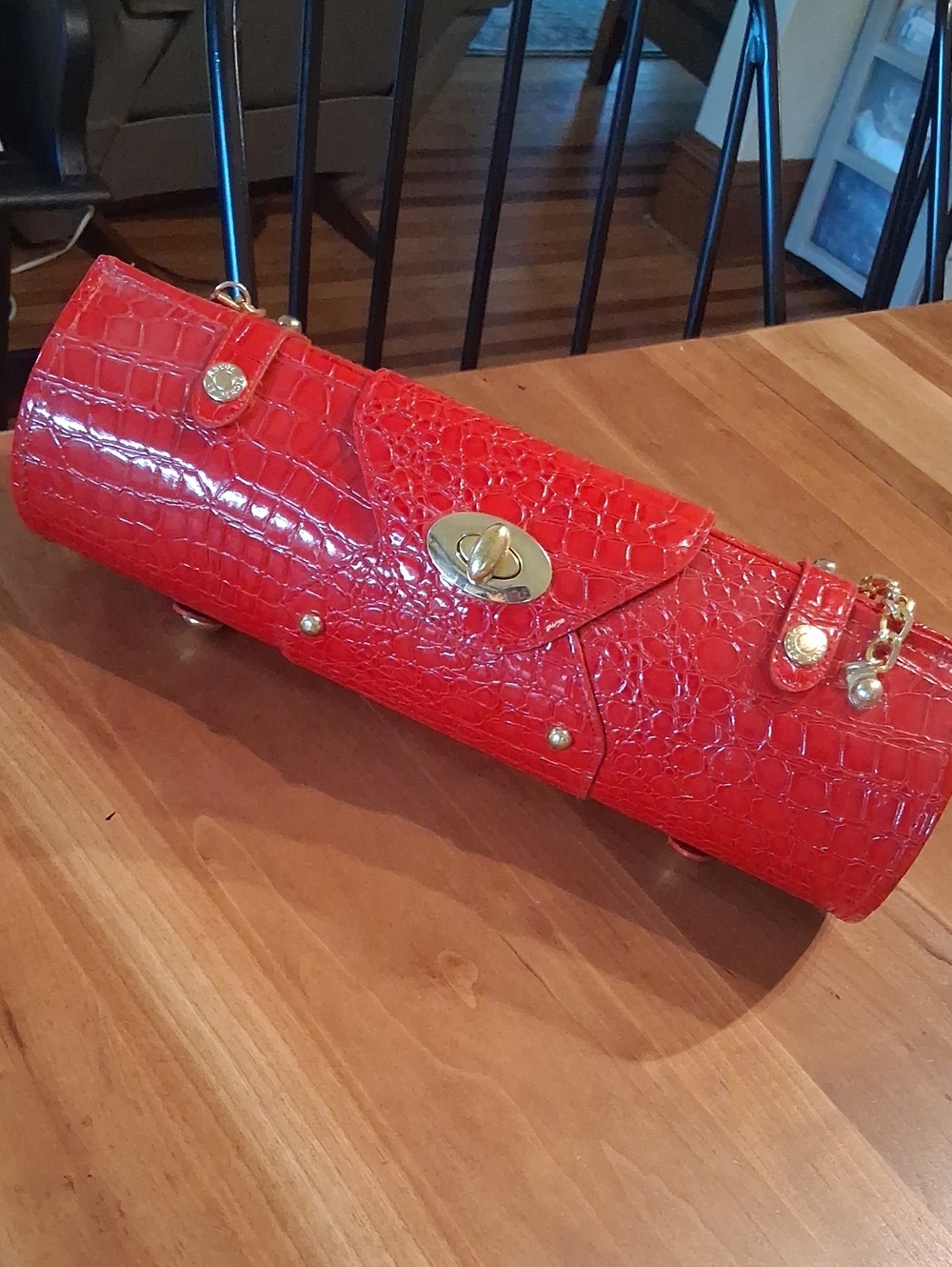 Ascot Red Croc-Embossed Cylinder Wine Purse with Gold Hardware